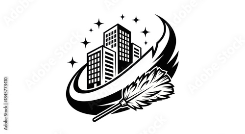 Professional Cleaning Service Logo with Buildings and Duster.