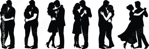 Romantic couple silhouettes embracing and dancing expressing love intimacy passion elegant relationship isolated on white background illustration