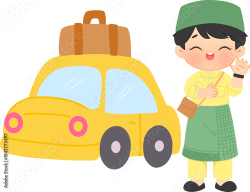 Cartoon muslim boy with car for going home (mudik)
