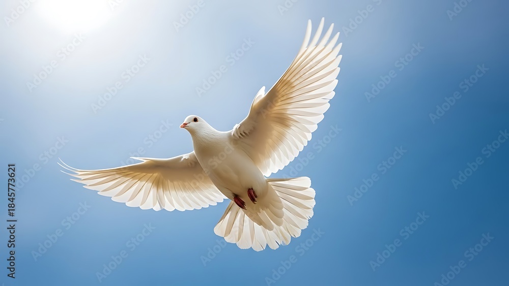 Fototapeta premium A pure white dove is captured mid-flight against a bright blue sky. The dove is positioned centrally and slightly angled downward, with its wings fully extended and spread wide