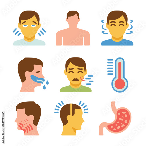 Cold flu and body pain symptom icons collection with thermometer cough sweat stomach ache flat vector illustration