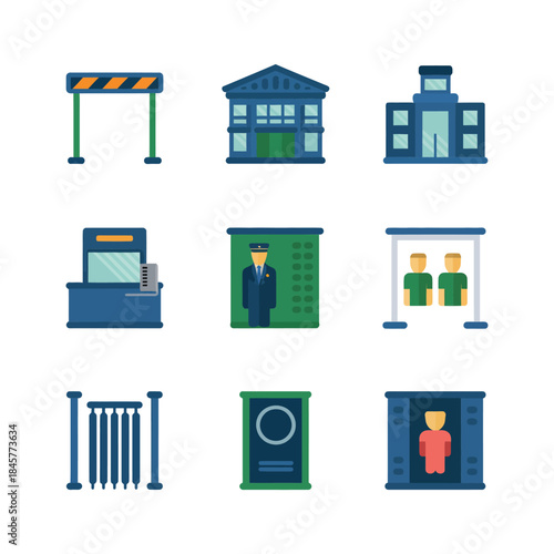 Public building entrance and gate icon collection featuring office school security checkpoint flat vector illustration urban architecture symbols