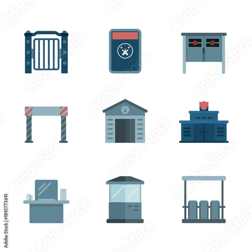 Industrial gate barrier and checkpoint icons collection for restricted area safety control flat vector illustration management symbols design