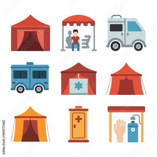 Emergency relief camp and medical tent icon collection with ambulance aid station flat vector illustration disaster response symbols