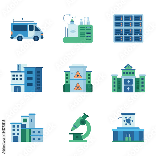 Healthcare research and medical facility icon set with hospitals laboratories ambulances equipment safety symbols flat vector illustration
