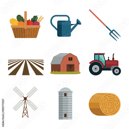 Farm harvest and agriculture tools icon set with tractor barn crops watering equipment rural flat vector illustration collection