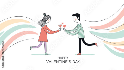 Illustration of a man and woman exchanging hearts on valentine's day with colorful background