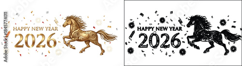 Happy New Year 2026 Illustration with Golden and Black Running Horses, Confetti