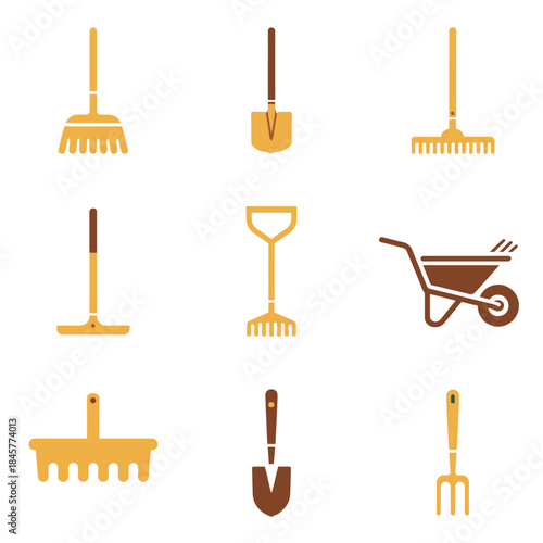 Garden maintenance tool icons set featuring rake shovel hoe fork wheelbarrow farming flat vector illustration