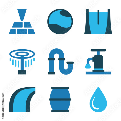 Industrial water management and plumbing icons collection with valves pipes tanks drops treatment system flat vector illustration