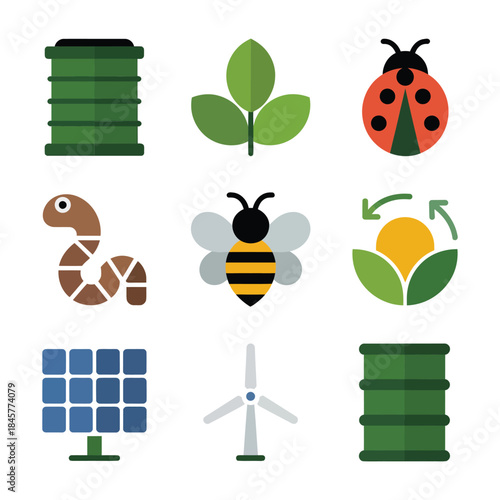 Sustainable gardening and plant care icon set including watering can pots greenhouse irrigation thermometer flat vector design