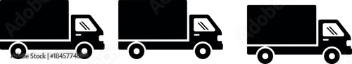 Black Silhouette Delivery Trucks in Row Facing Right for Transport, Logistics, Shipping, Courier, Freight, Cargo, Supply Chain Illustration