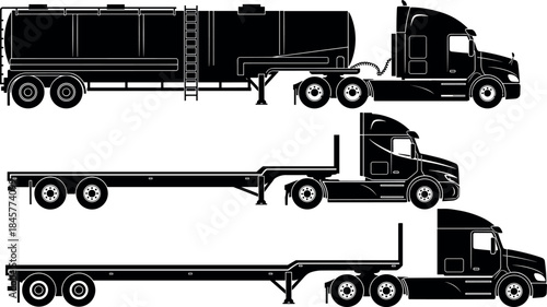 Black semi truck and trailer silhouettes set featuring tanker and flatbed transport vector illustration isolated on white background design collection