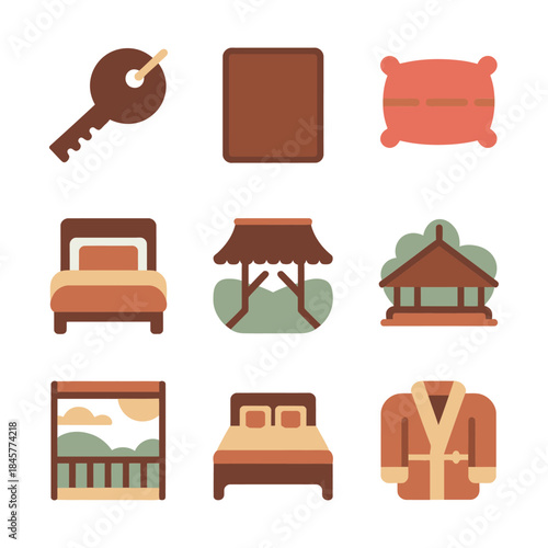 Hotel room amenities icon set, bed key pillow robe furniture symbols, hospitality accommodation service theme, flat vector illustration