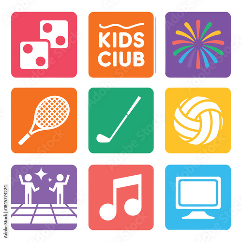 Kids activity icon set, games music sports education symbols, children entertainment club theme, colorful flat vector illustration design