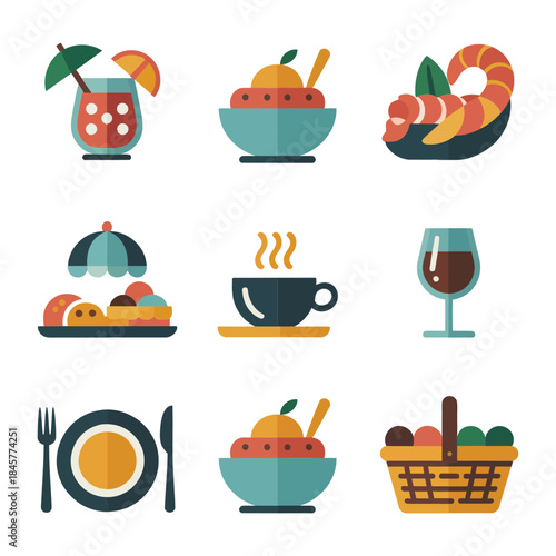 Food dining icon set, meal drink dessert tableware symbols, restaurant catering service theme, modern flat vector illustration design