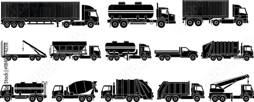 Collection of industrial truck silhouettes including tanker, container, garbage, crane, cement mixer vehicles for logistics transportation construction vector illustration design