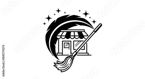 Professional Cleaning Service Logo with Broom and Storefront.