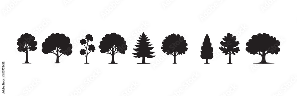 Fototapeta premium Horizontal line of ten black silhouette trees showing diverse growth patterns and crown shapes for illustration
