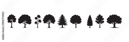 Horizontal line of ten black silhouette trees showing diverse growth patterns and crown shapes for illustration
