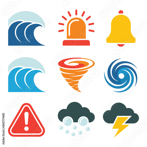 Natural disaster warning icon set with tsunami cyclone siren alert symbols emergency flat vector illustration collection