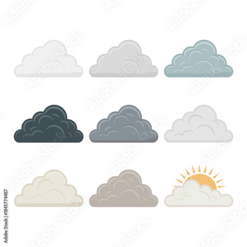 Stylized cloud icon pack, soft shadow cloud shapes sun highlights, atmospheric weather symbols, modern flat vector illustration
