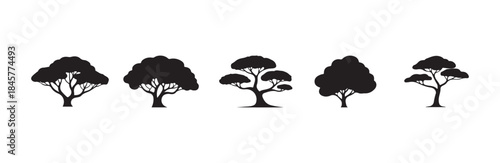 Five distinct flat design tree silhouettes featuring wide canopies and clear trunk separation suitable for various uses