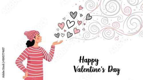Woman in pink striped sweater throwing hearts in air with happy valentine's day text on white background
