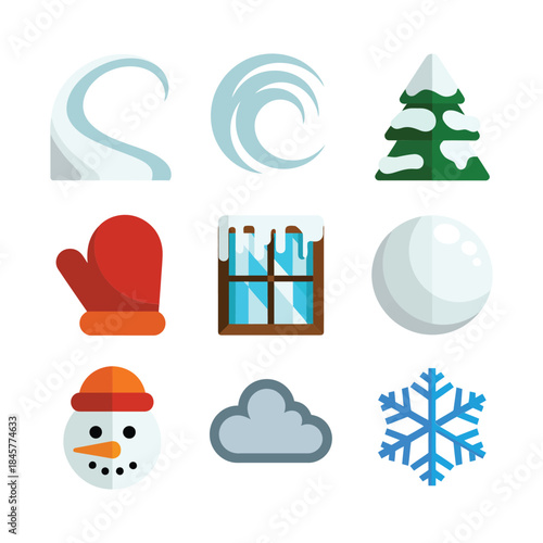 Winter weather icon set, snow ice frost cold symbols, seasonal climate elements, colorful flat vector illustration collection pack