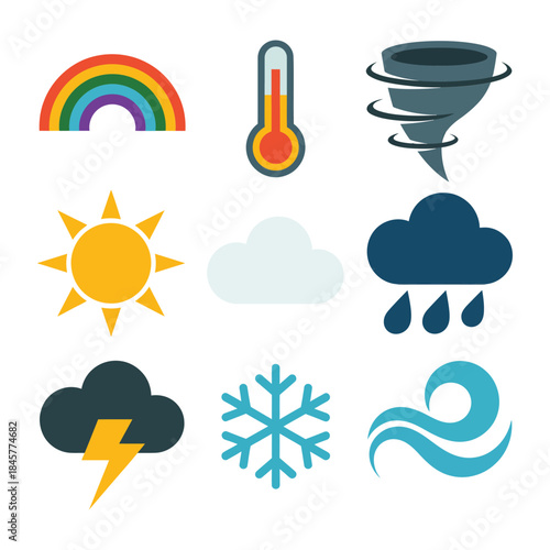 Extreme weather icon set, tornado thunder snow wind temperature symbols, natural hazard forecast elements, modern flat vector design