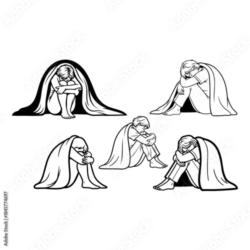 Unhappy depressed lonely woman sitting in despair under blanket. Sad female character in bad mood suffer from psychiatric problems. Loneliness or depression silhouette pack