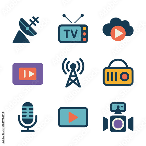 Broadcasting media communication icon collection, radio television satellite signal cloud streaming symbols, digital transmission theme, modern flat vector illustration