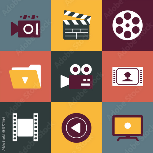 Film production square icon set, clapperboard reel play screen symbols, cinematic video creation theme, modern flat vector illustration