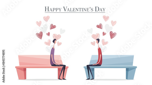 Two people sitting alone on separate benches surrounded by hearts on valentine's day, a poignant illustration of loneliness and love