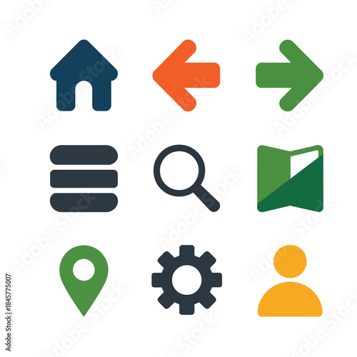 Website menu navigation icons, home back forward search map user settings symbols, intuitive interface elements, flat vector design