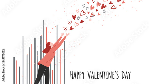 Woman releasing red hearts into the air with happy valentine's day text on white background