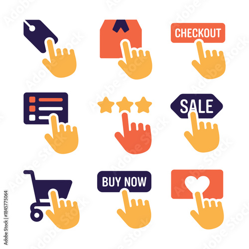 Ecommerce action hand icon collection, buy now checkout sale wish cart symbols, online shopping interaction, flat vector design