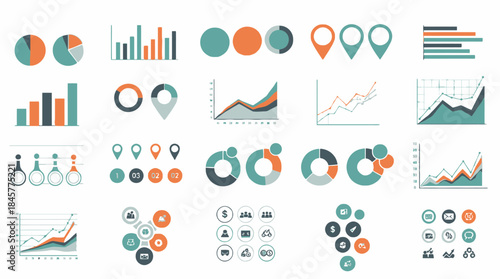 A diverse collection of modern flat design charts and graphs for data visualization and business analytics.