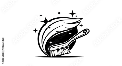 Monochromatic Cleaning Brush and Leaf Logo with Sparkles.