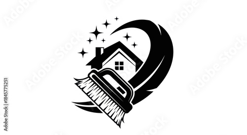 Cleaning service logo with house and brush.