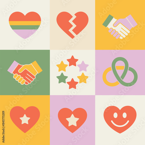 Love and unity icon set, rainbow heart handshake star symbols, equality support diversity theme, flat vector illustration design