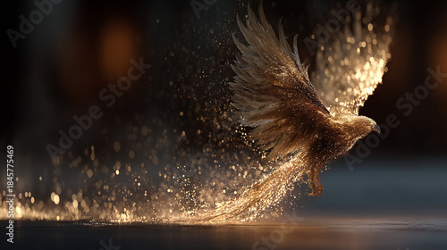 Beautiful of small phoenix flying over the ground with glowing effect , epic image.