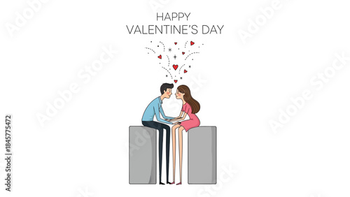 Couple sitting together on a bench with hearts floating above them on valentine's day