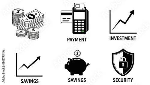 A collection of six black and white financial icons representing money, payment, investment, savings, and security concepts.