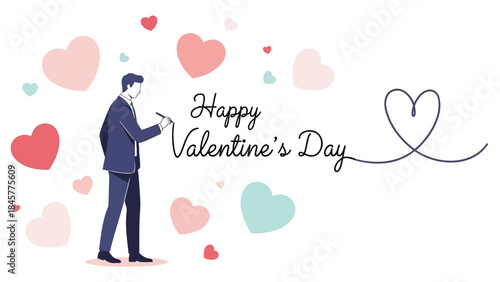 Man writing on phone surrounded by hearts with happy valentines day text on white background