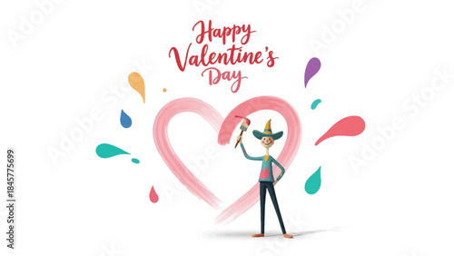 Valentine's day greeting card with artist painting heart surrounded by colorful paint splatters