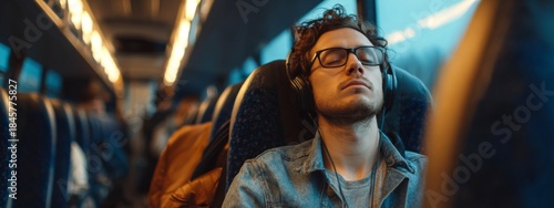 Peaceful Traveler Enjoying a Moment of Relaxation While Sitting on the Bus with Headphones On