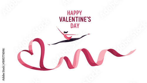 Valentine's day greeting card with dancing woman and flowing ribbon heart on white background