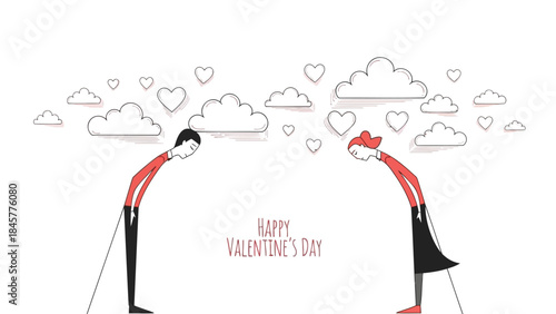 Happy valentine's day cartoon illustration of couple bending towards each other with hearts and clouds