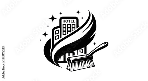 Hotel Cleaning Service Logo with Brush and Sparkling Building.